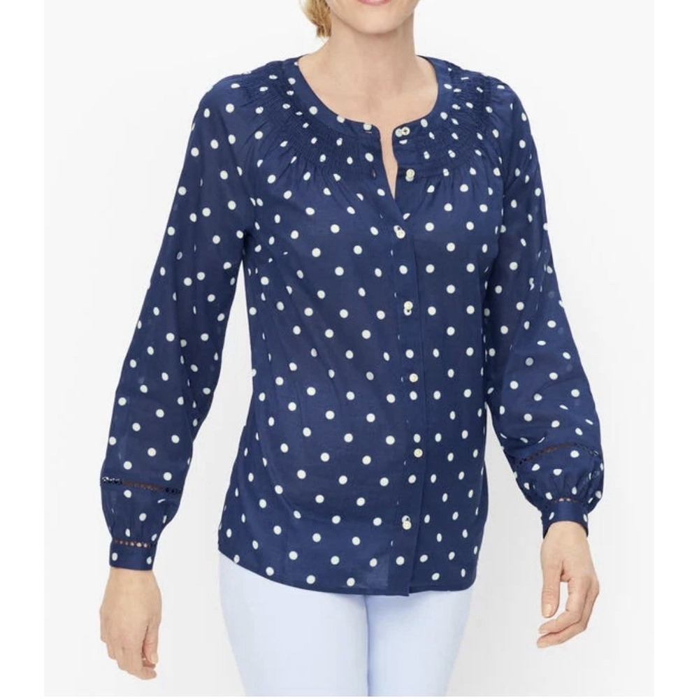 Talbots Smocked Collar Blouse Eyelet Sleeve Sz-XLP Navy White Polka Dots Beach